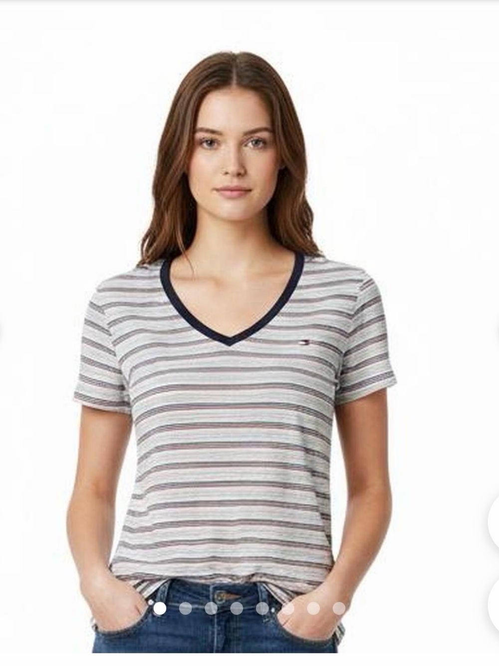 Tommy Hilfiger Striped V-Neck Short Sleeve Tee - Gray/Navy